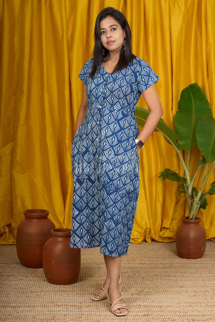 Blue Indigo Cotton Printed Flared Kurtha for Women with Short Sleeves