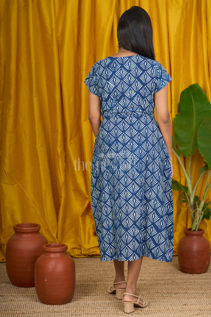 Blue Indigo Cotton Printed Flared Kurtha for Women with Short Sleeves