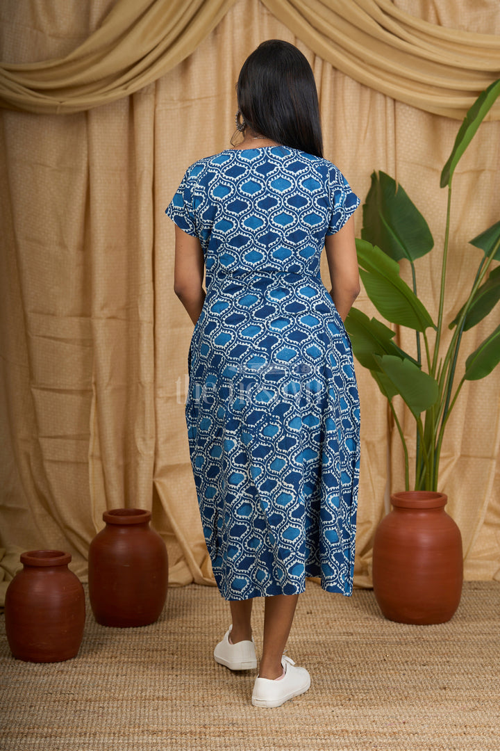 Indigo Cotton Printed Flared Kurtha with Round Neckline for Women