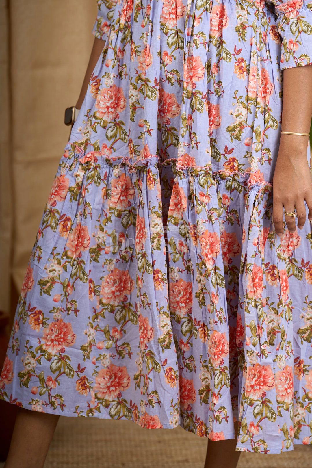 Blue Floral Cotton Maxi Dress with Ruffled Sleeves and Striped Pattern