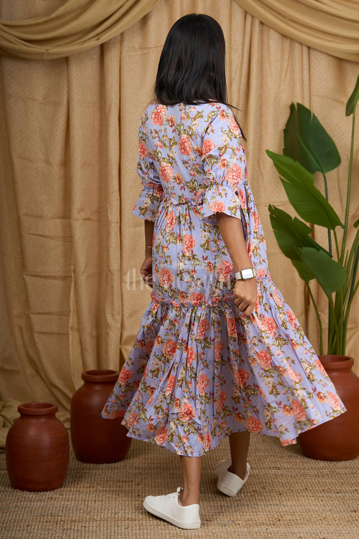 Blue Floral Cotton Maxi Dress with Ruffled Sleeves and Striped Pattern