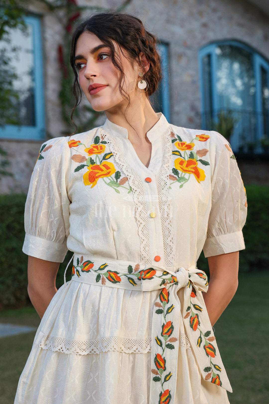 Floral Embroidered Women’s Designer Dress in Ivory with Lace Detailing and Belted Waist