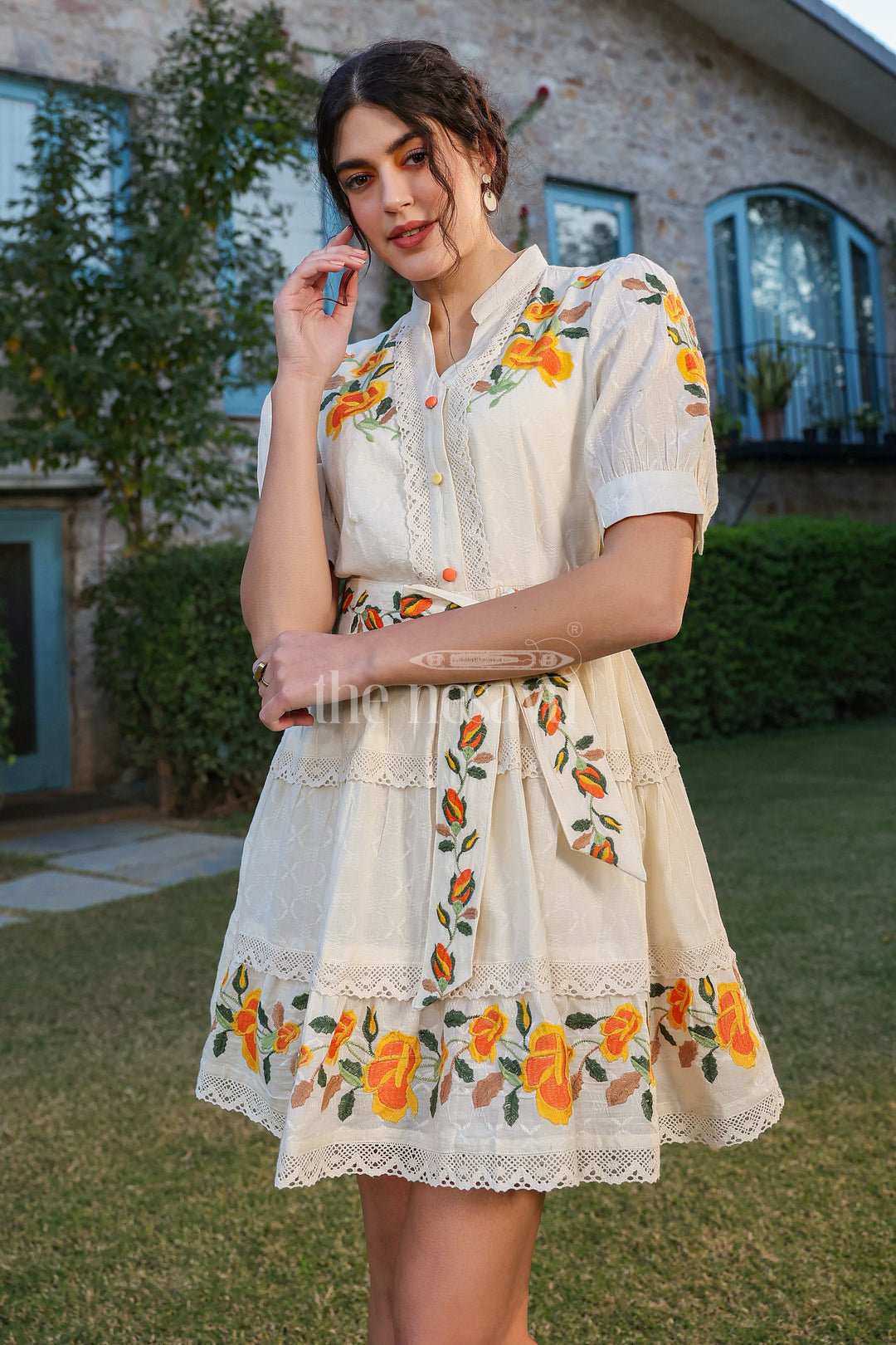 Floral Embroidered Women’s Designer Dress in Ivory with Lace Detailing and Belted Waist