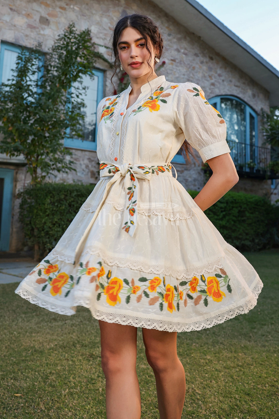 Floral Embroidered Women’s Designer Dress in Ivory with Lace Detailing and Belted Waist