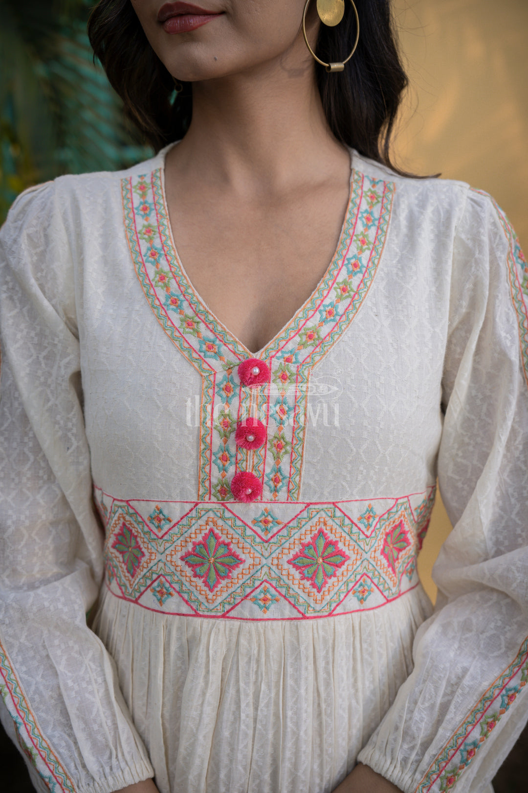 Elegant White Flared Kurtha for Women with Festive Red Embroidery