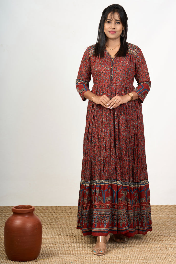 Traditional Rust Cotton Women's Flared Kurtha with Intricate Patterns