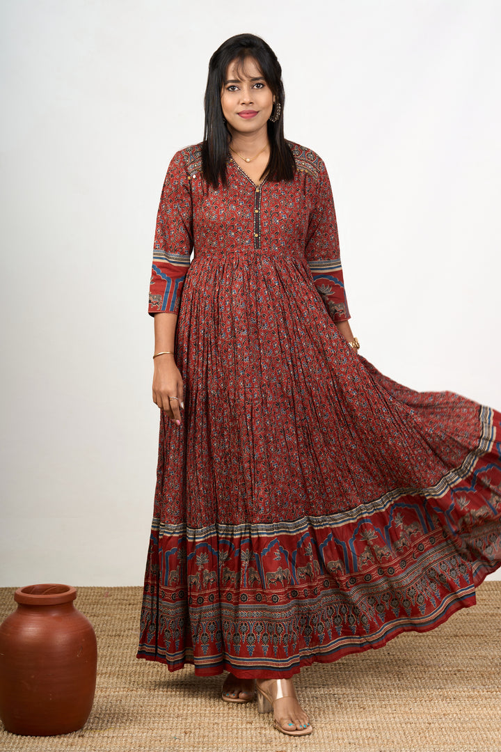 Traditional Rust Cotton Women's Flared Kurtha with Intricate Patterns