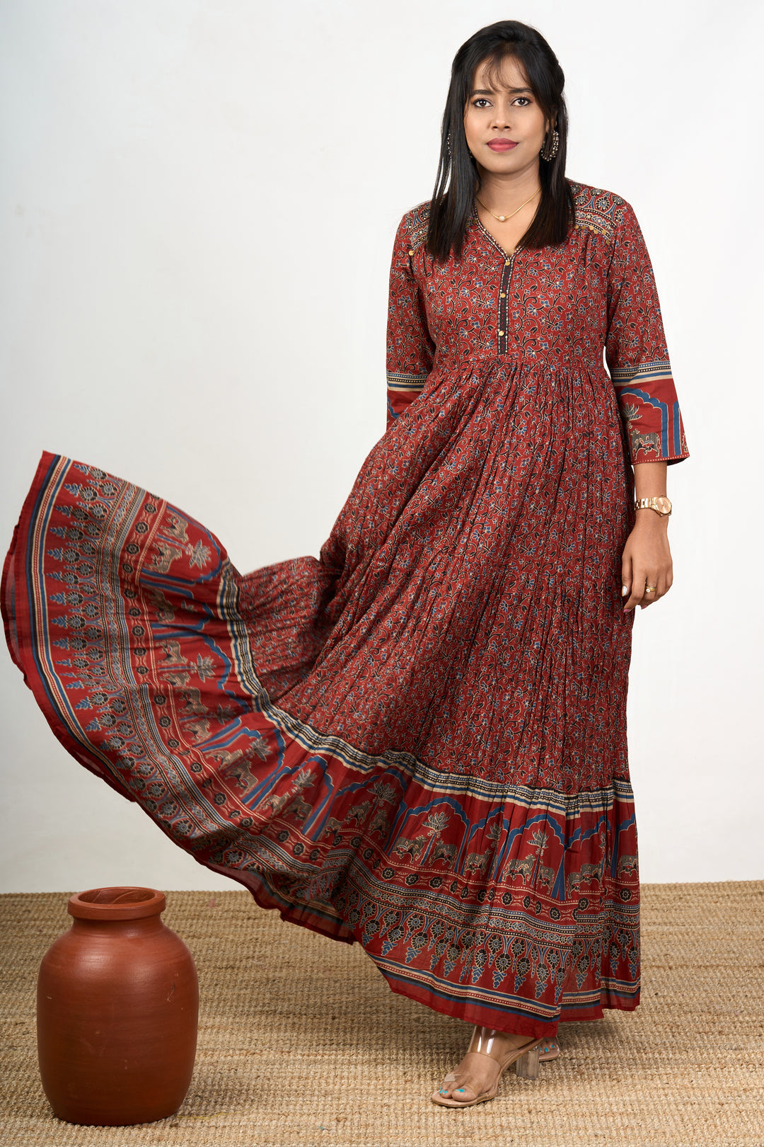 Traditional Rust Cotton Women's Flared Kurtha with Intricate Patterns