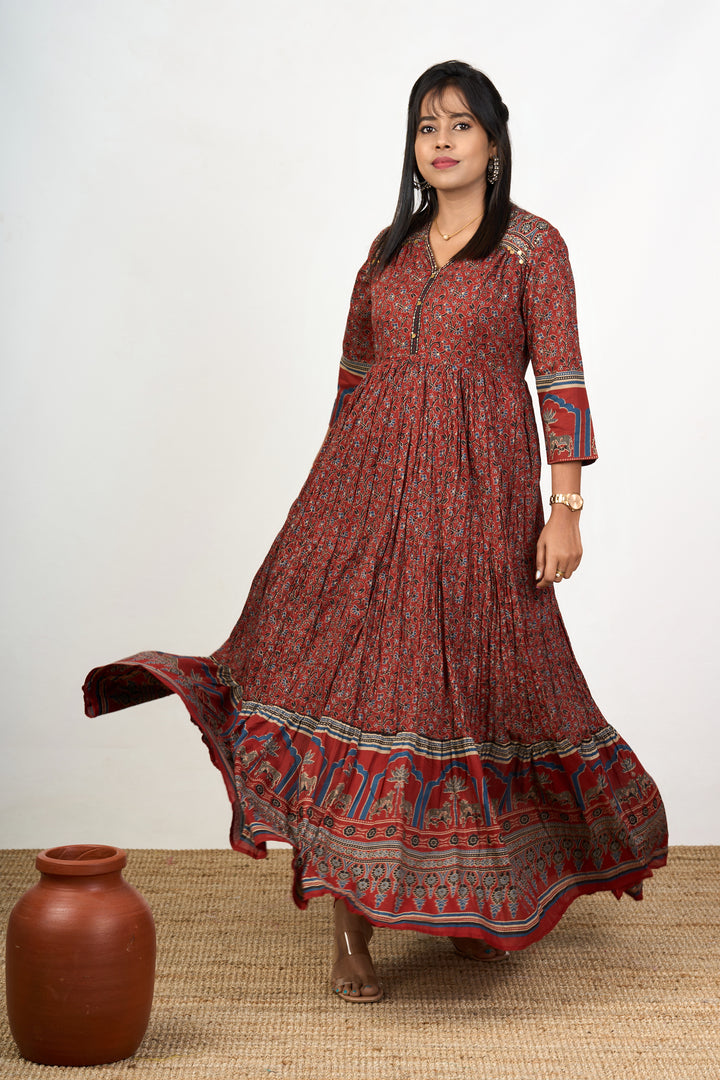 Traditional Rust Cotton Women's Flared Kurtha with Intricate Patterns