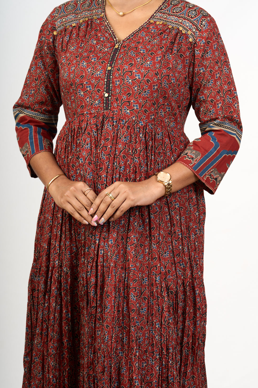 Traditional Rust Cotton Women's Flared Kurtha with Intricate Patterns