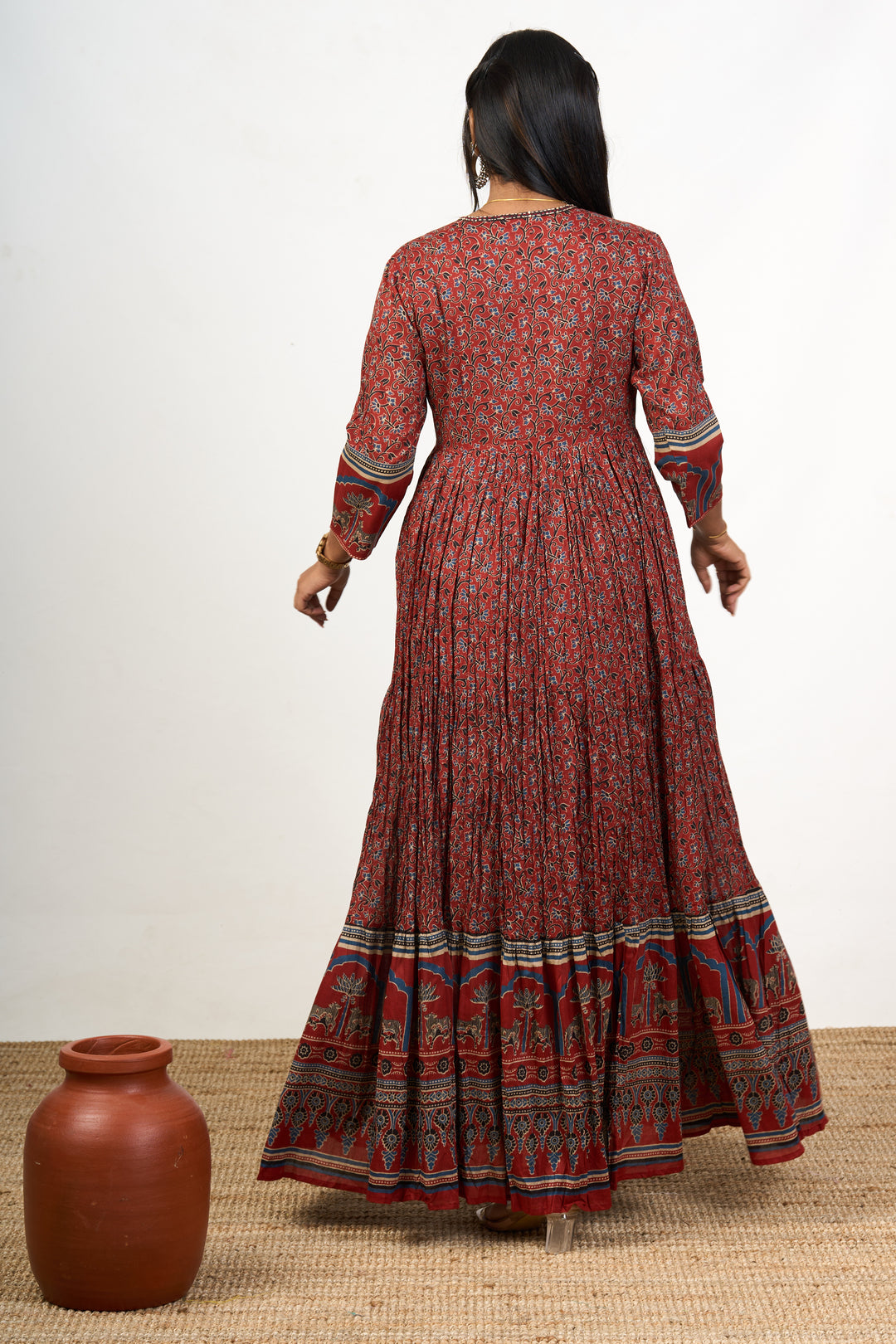 Traditional Rust Cotton Women's Flared Kurtha with Intricate Patterns