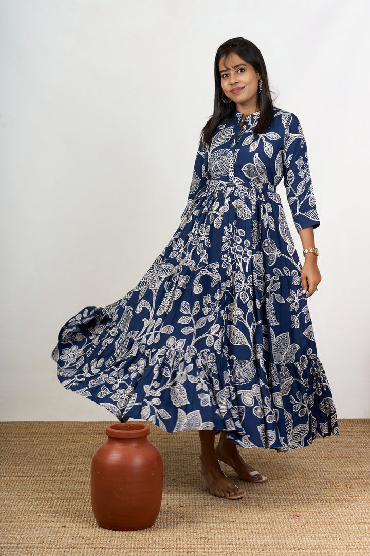 Elegant Navy Blue Party Wear Dresses for Women in Crepe with Intricate White Floral Design