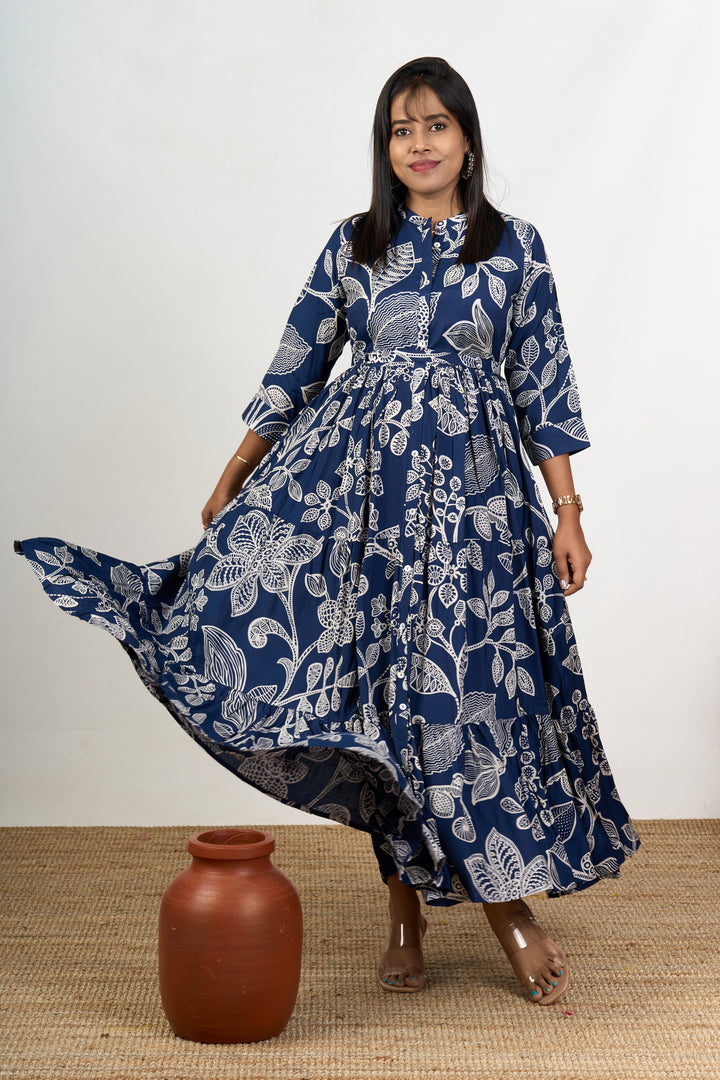 Elegant Navy Blue Party Wear Dresses for Women in Crepe with Intricate White Floral Design