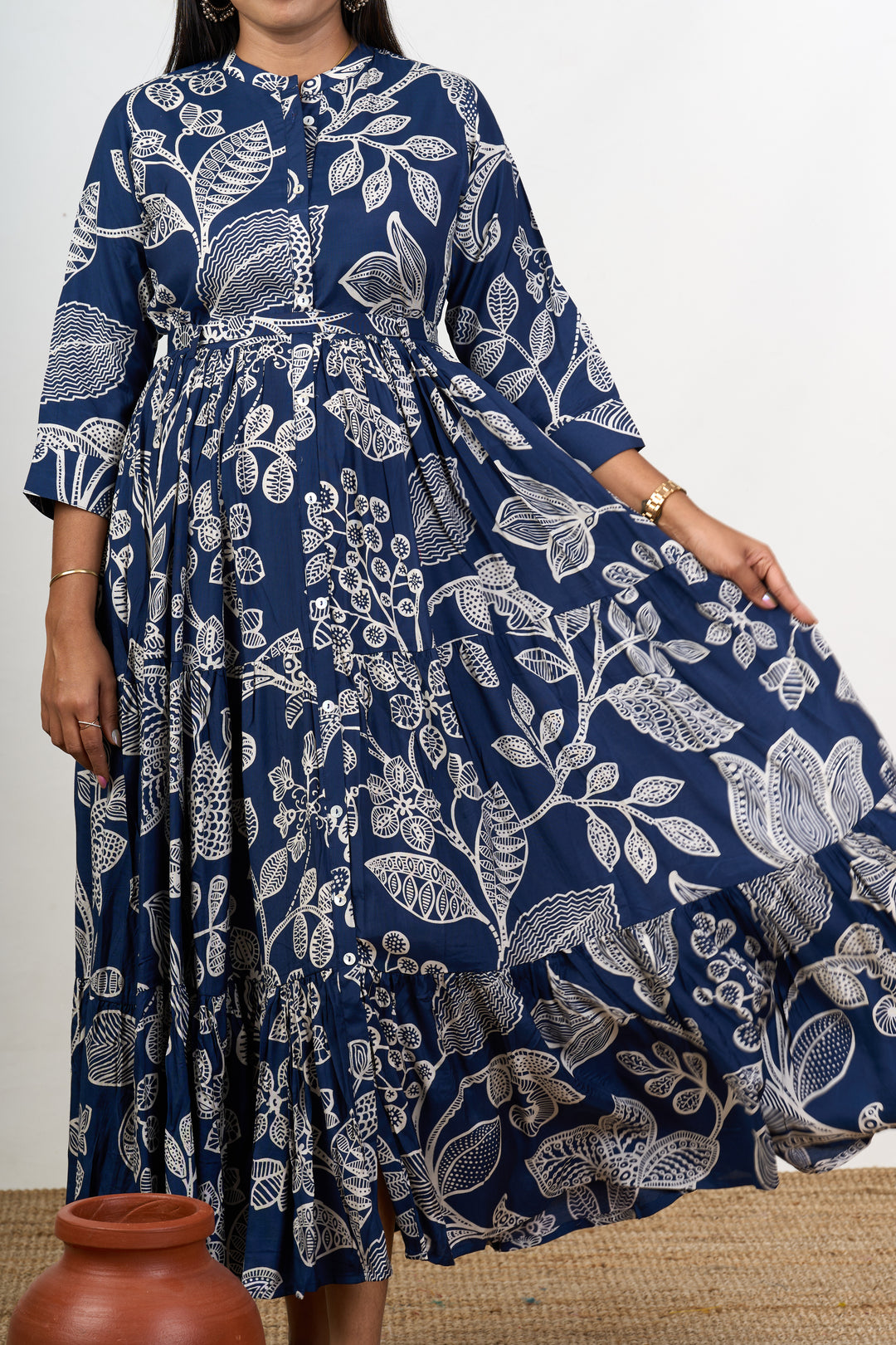 Elegant Navy Blue Party Wear Dresses for Women in Crepe with Intricate White Floral Design