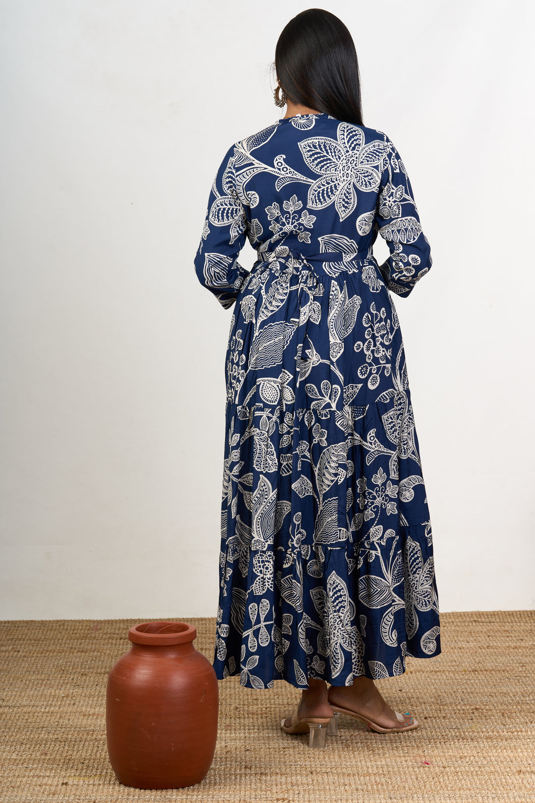 Elegant Navy Blue Party Wear Dresses for Women in Crepe with Intricate White Floral Design