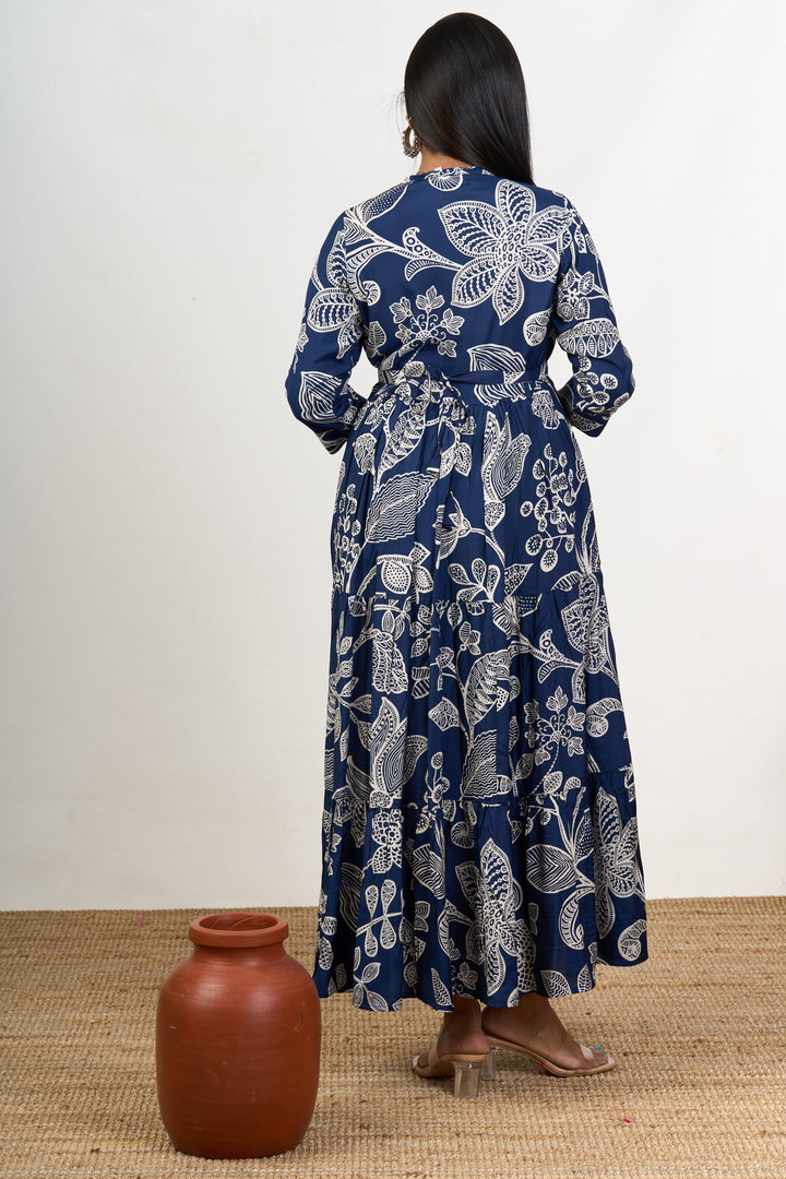 Elegant Navy Blue Party Wear Dresses for Women in Crepe with Intricate White Floral Design