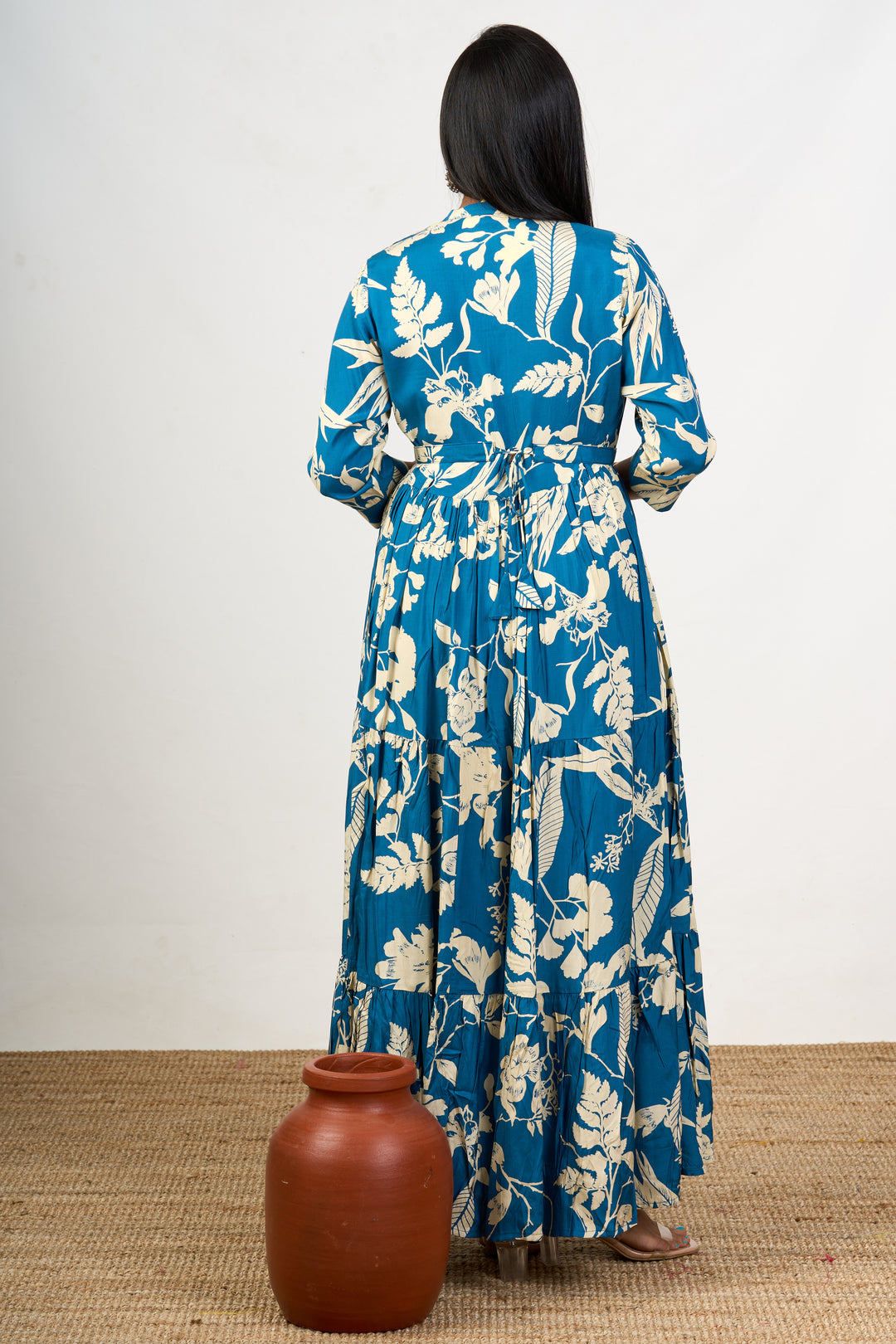 Charming Blue Birthday Dress for Women in Crepe with Elegant Floral Patterns