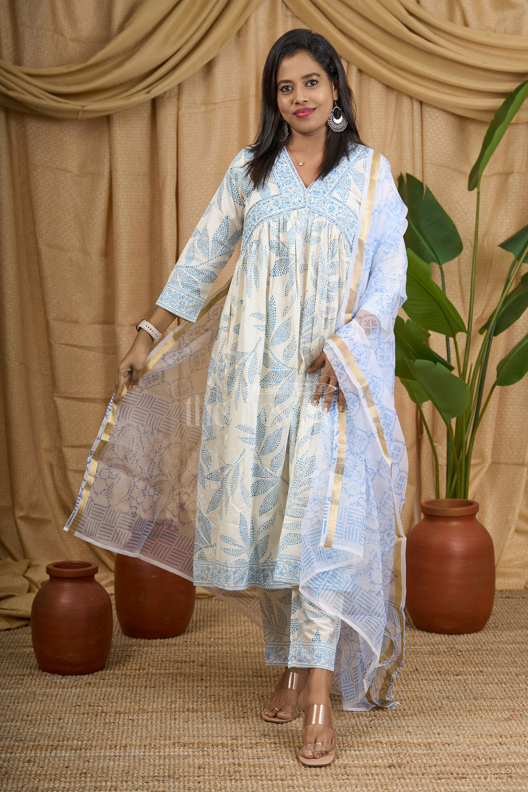 Women's Half-White Modal Silk Anarkali Set with Blue Leaf Motifs and Floral Border