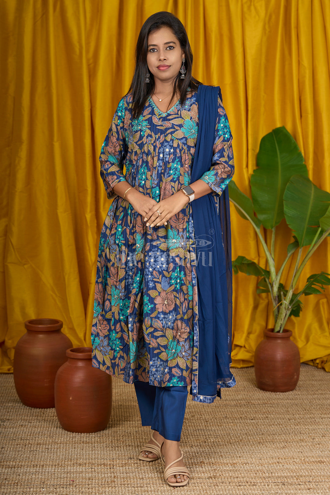 Navy Blue Viscose Muslin Silk Anarkali Suit Set with Bold Floral Print and Embellished V-Neck for Women