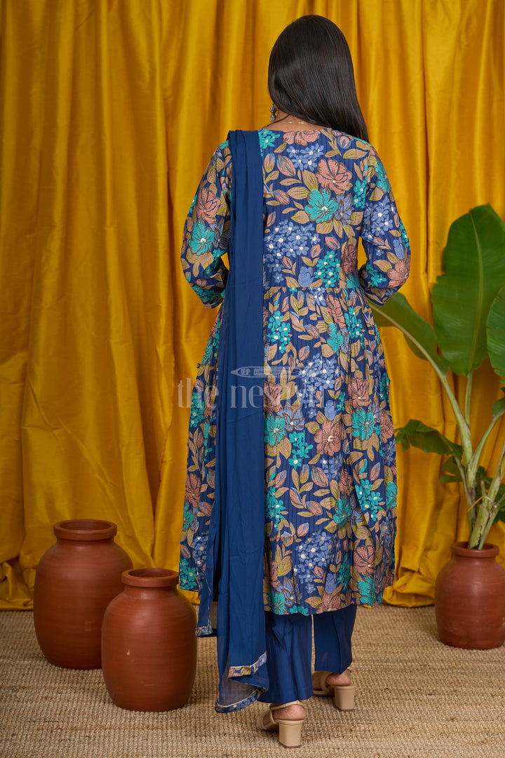 Navy Blue Viscose Muslin Silk Anarkali Suit Set with Bold Floral Print and Embellished V-Neck for Women