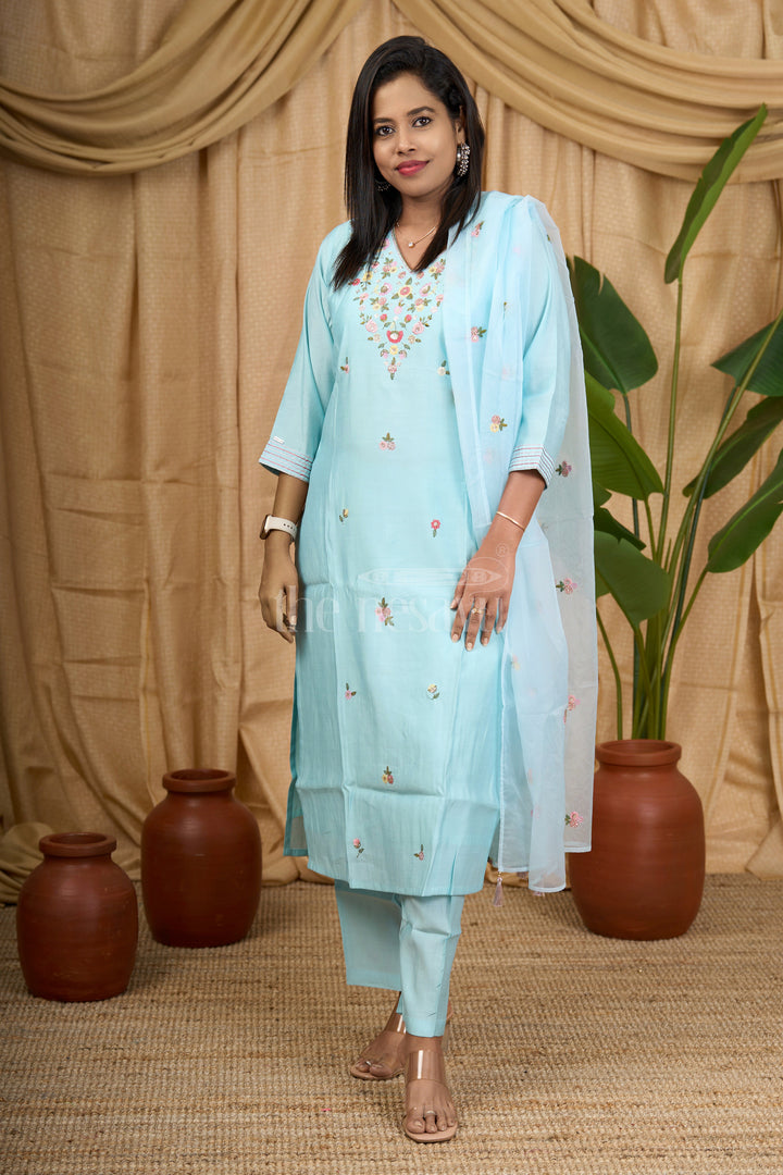 Soft Blue Viscose Muslin Silk Straight Suit Set with Delicate Floral Embroidery for Women