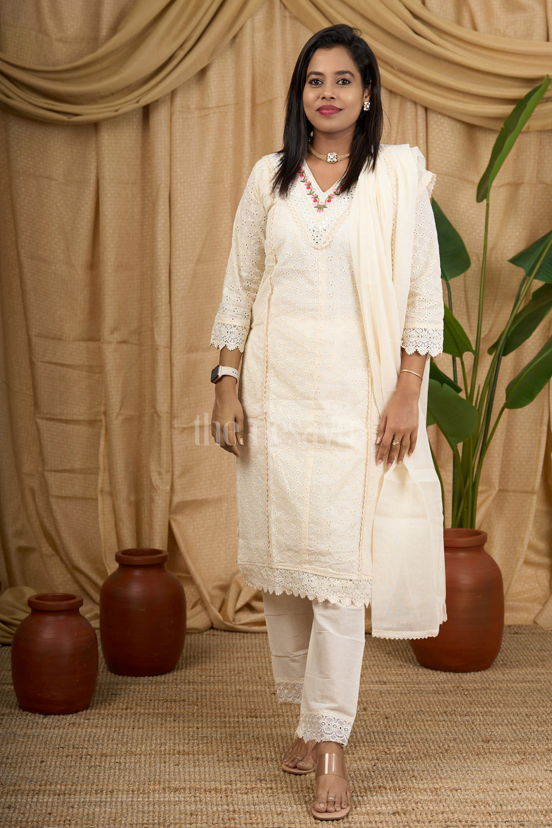 Cream Cotton Embroidered Kurti Set with Mirror Work Detailing and Lace Trim for Women