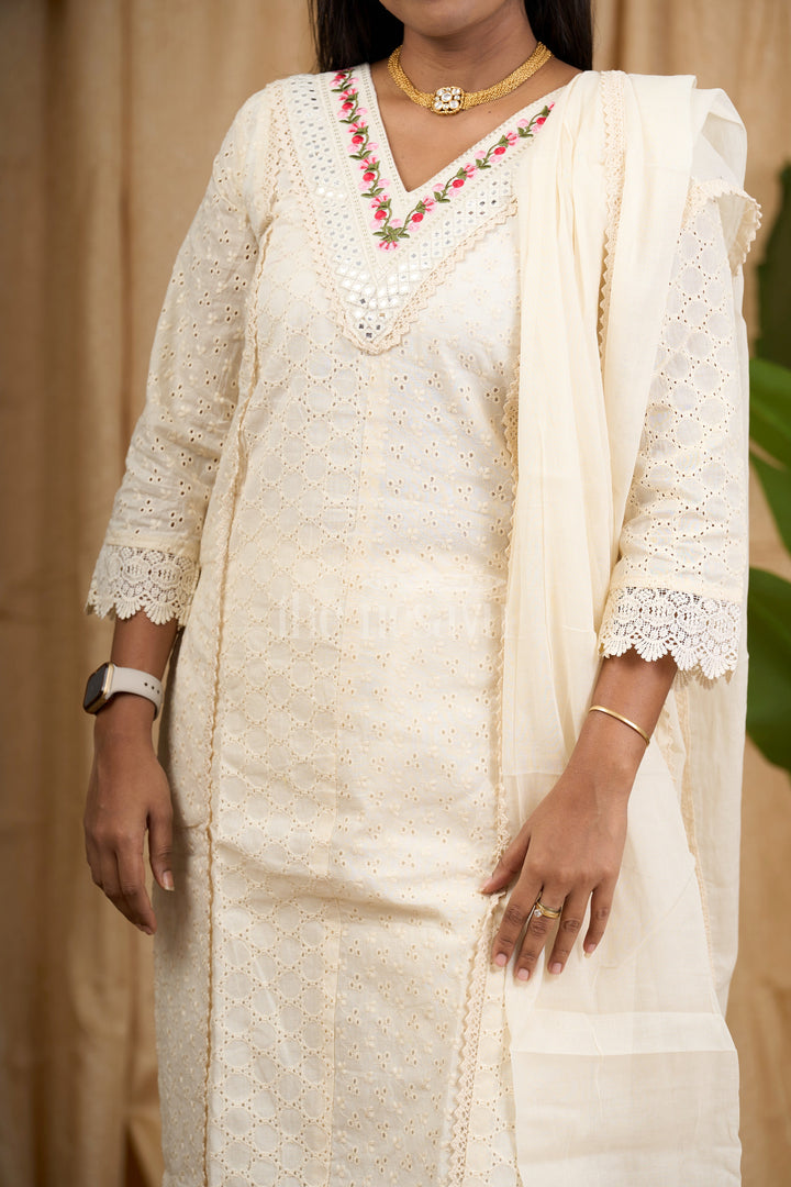 Cream Cotton Embroidered Kurti Set with Mirror Work Detailing and Lace Trim for Women