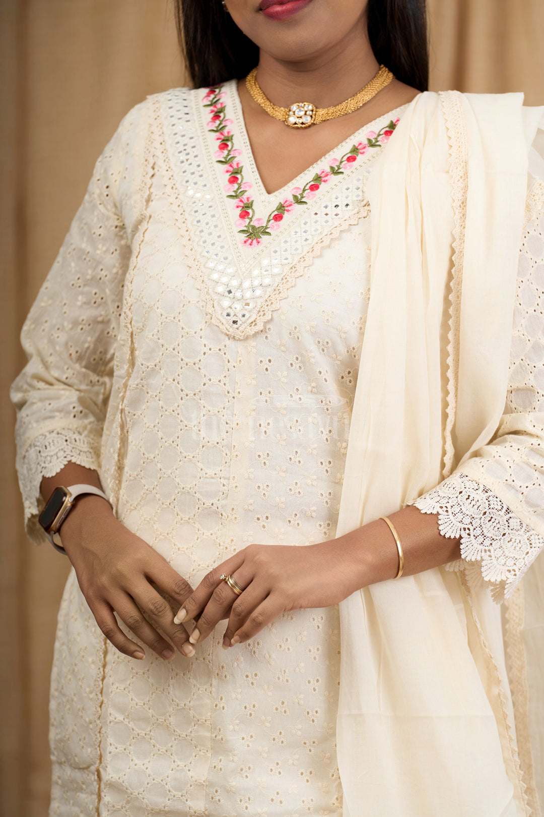 Cream Cotton Embroidered Kurti Set with Mirror Work Detailing and Lace Trim for Women