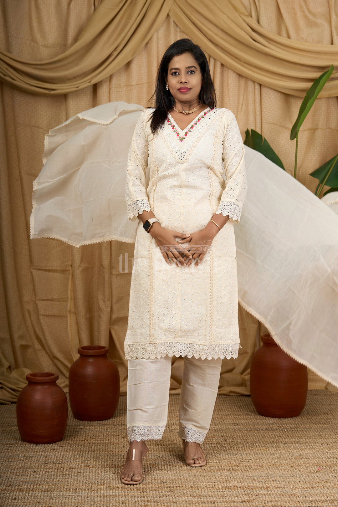 Cream Cotton Embroidered Kurti Set with Mirror Work Detailing and Lace Trim for Women