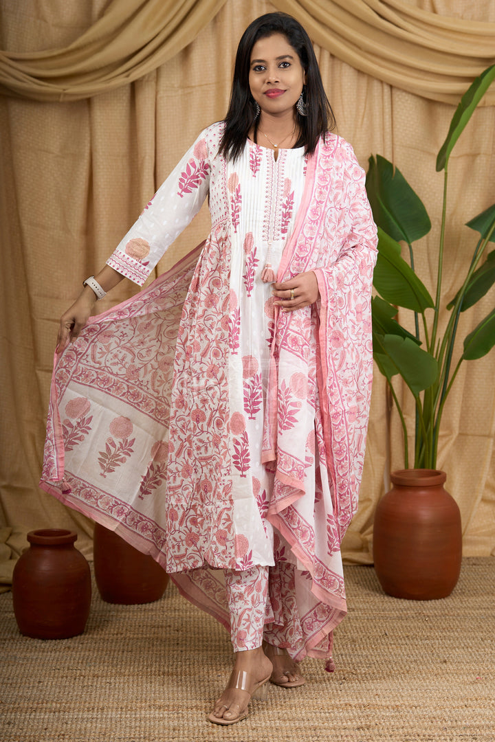 Pink Jaipuri Cotton Kurti Set with Elegant Pleated Tassel Detailing and Coordinated Floral Bottom for Women