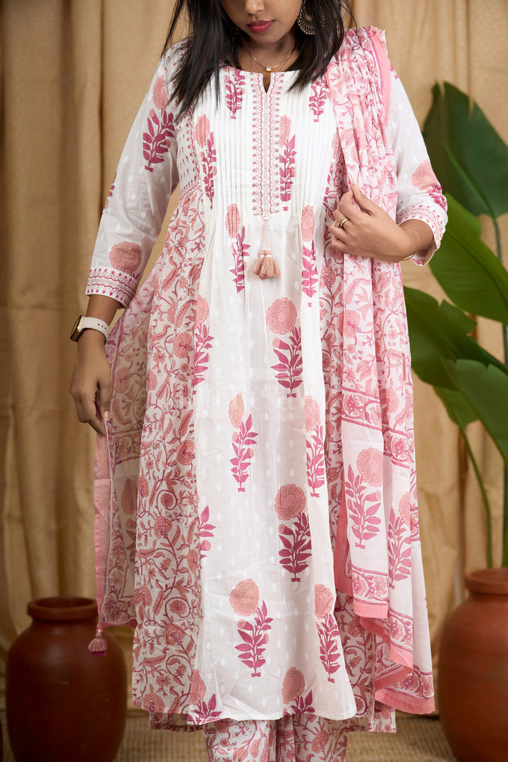 Pink Jaipuri Cotton Kurti Set with Elegant Pleated Tassel Detailing and Coordinated Floral Bottom for Women