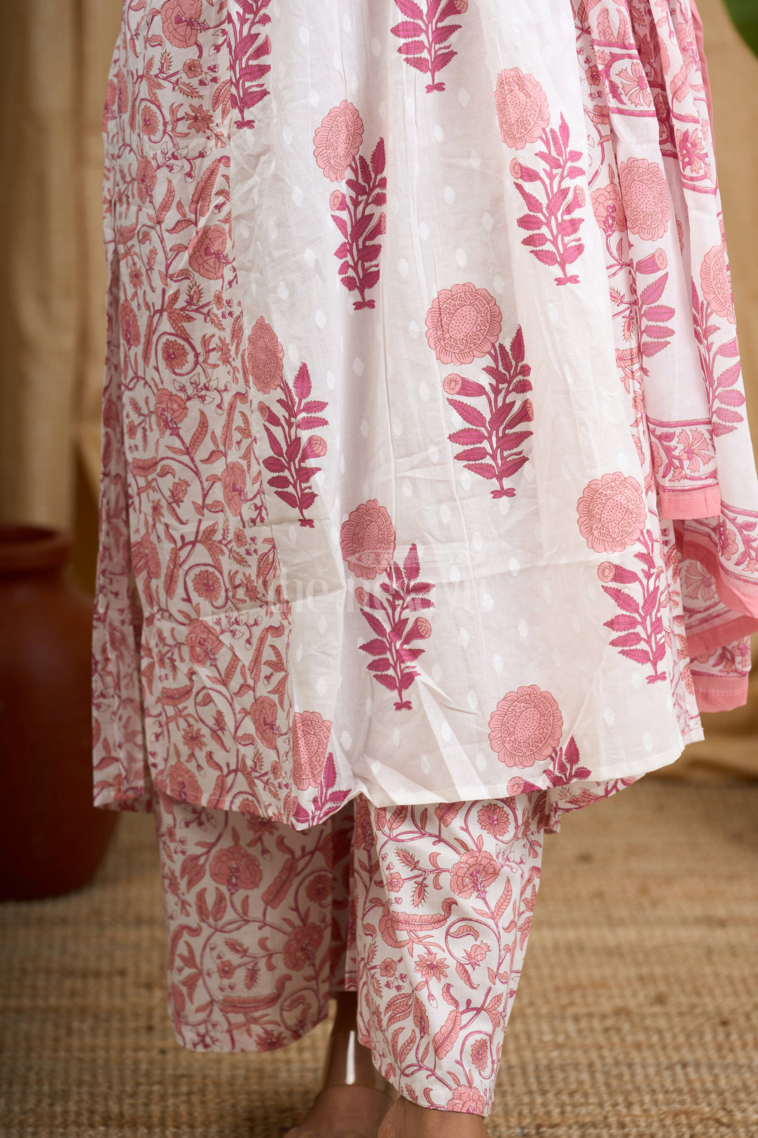 Pink Jaipuri Cotton Kurti Set with Elegant Pleated Tassel Detailing and Coordinated Floral Bottom for Women