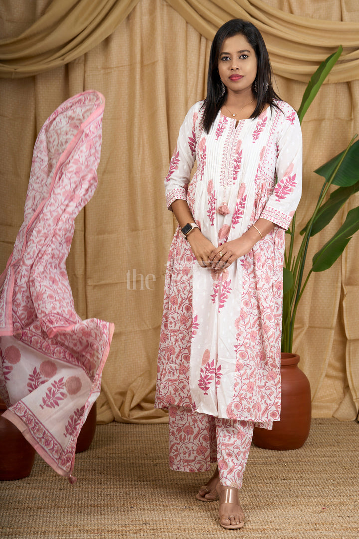 Pink Jaipuri Cotton Kurti Set with Elegant Pleated Tassel Detailing and Coordinated Floral Bottom for Women