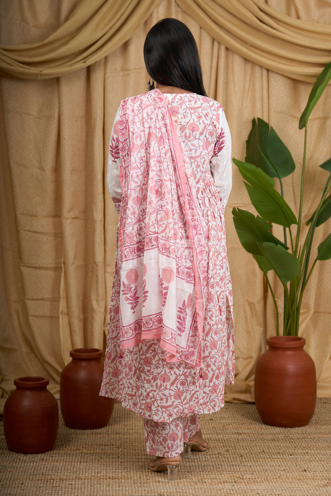 Pink Jaipuri Cotton Kurti Set with Elegant Pleated Tassel Detailing and Coordinated Floral Bottom for Women