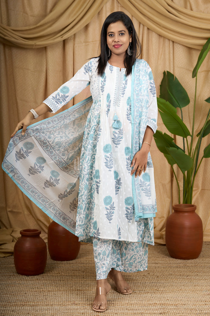 Blue Jaipuri Cotton Kurti Set with Tassel Embellishments for Women