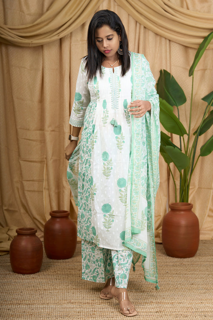 Green Jaipuri Cotton Kurti Set with Floral Patterns and Elegant Tassel Detailing for Women