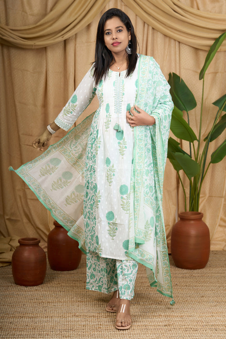 Green Jaipuri Cotton Kurti Set with Floral Patterns and Elegant Tassel Detailing for Women