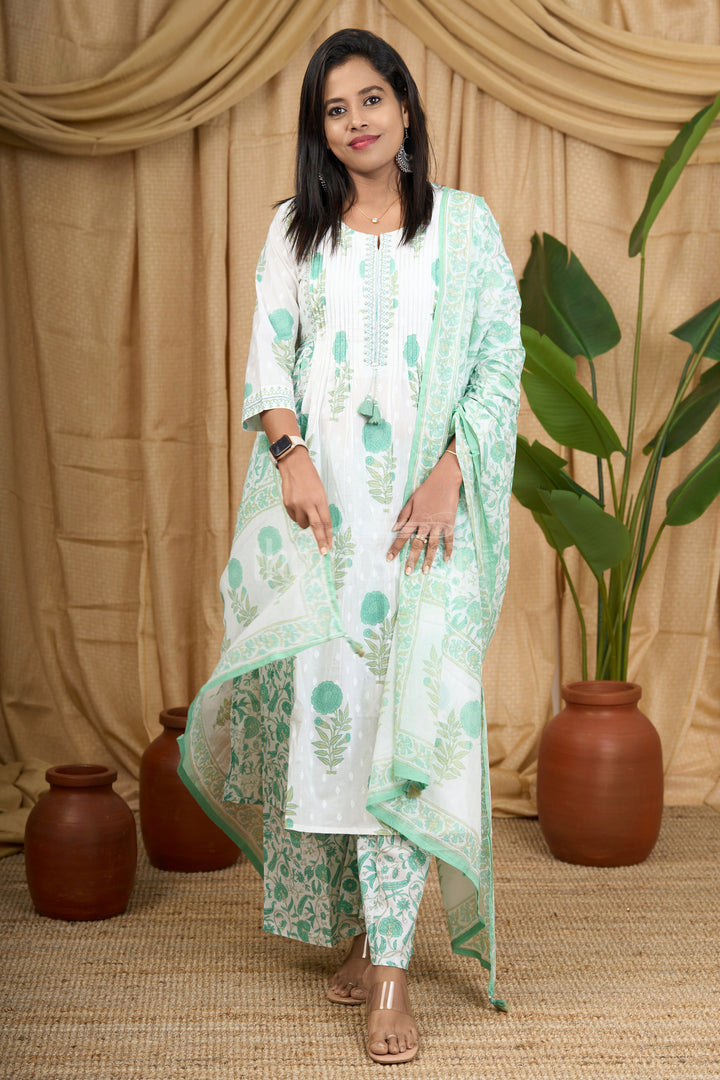 Green Jaipuri Cotton Kurti Set with Floral Patterns and Elegant Tassel Detailing for Women