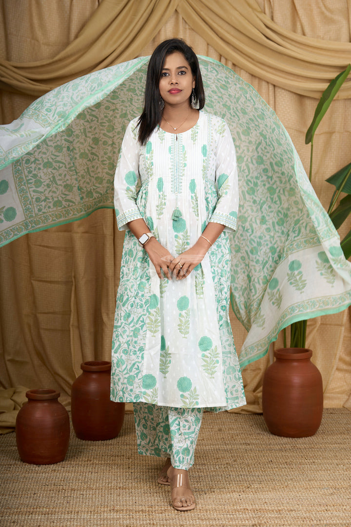 Green Jaipuri Cotton Kurti Set with Floral Patterns and Elegant Tassel Detailing for Women