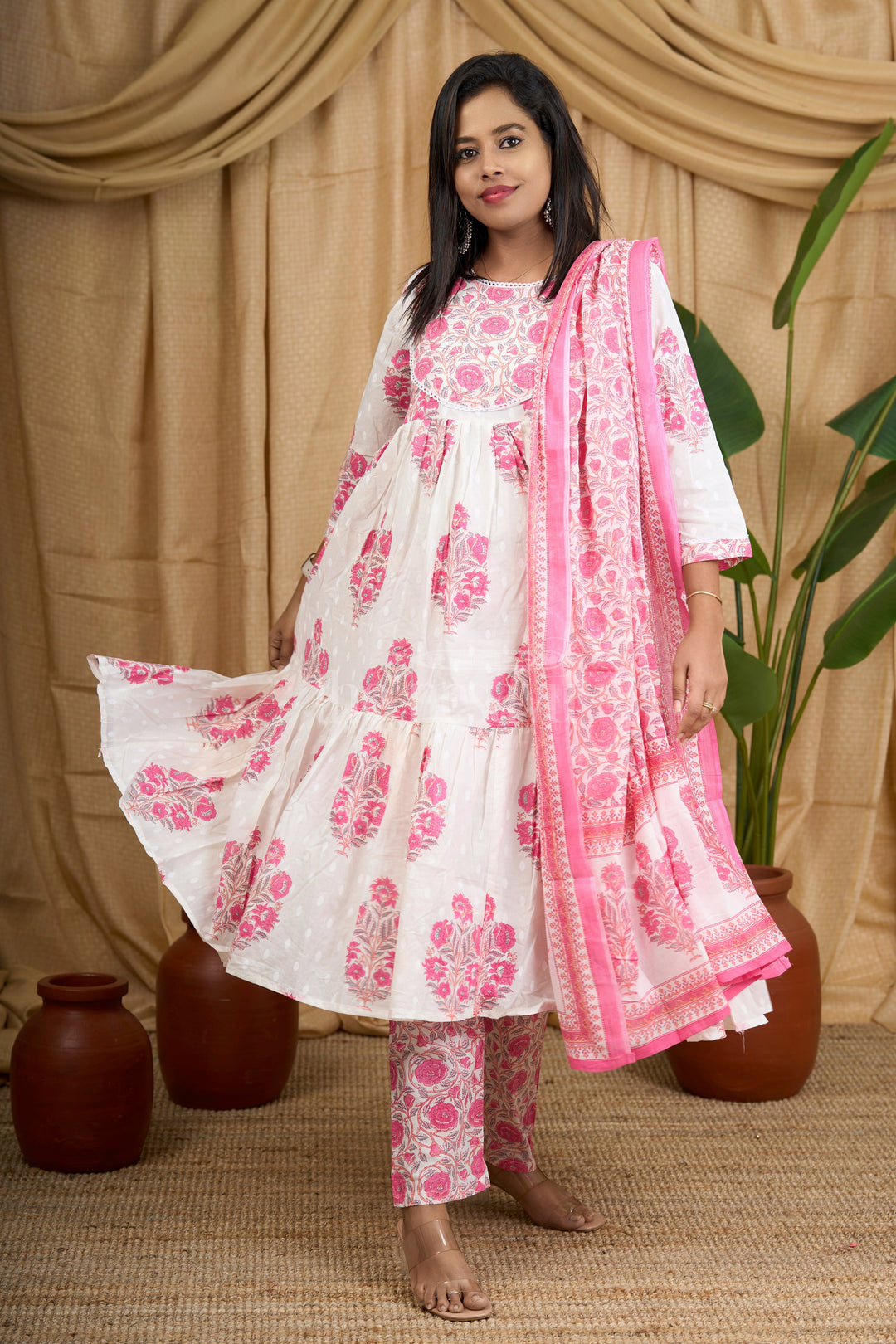 Pink Jaipuri Cotton Flared Kurti Set with Vibrant Red Floral Design and Matching Dupatta for Women