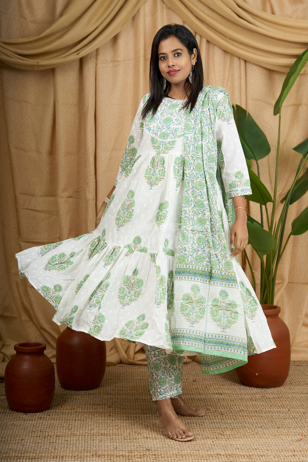 Green Jaipuri Cotton Flared Kurti Set with Elegant Floral Pattern and Matching Dupatta for Women