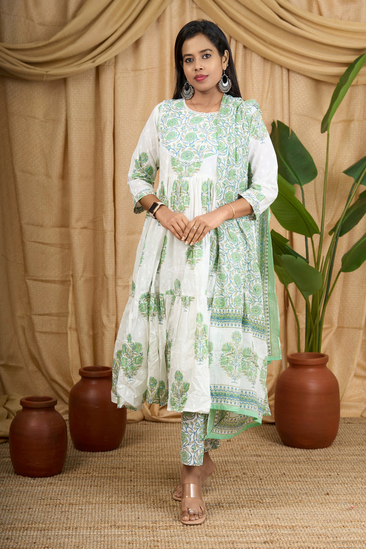 Green Jaipuri Cotton Flared Kurti Set with Elegant Floral Pattern and Matching Dupatta for Women