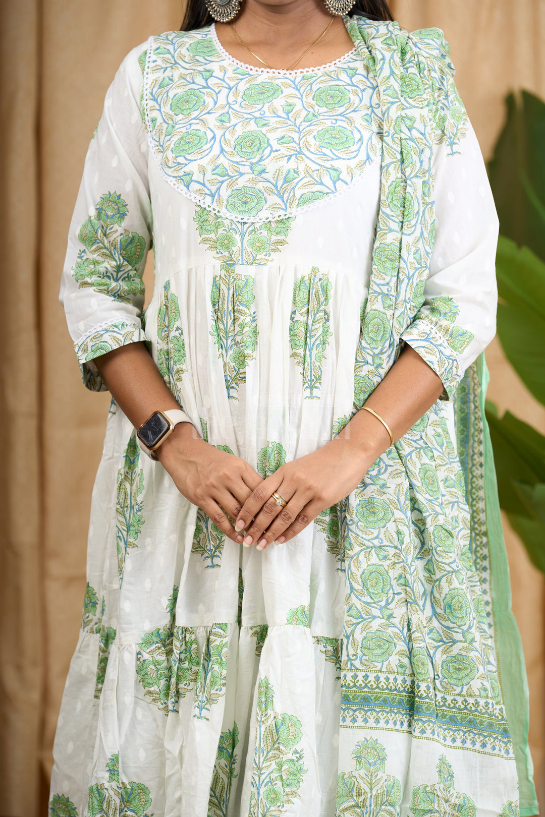 Green Jaipuri Cotton Flared Kurti Set with Elegant Floral Pattern and Matching Dupatta for Women