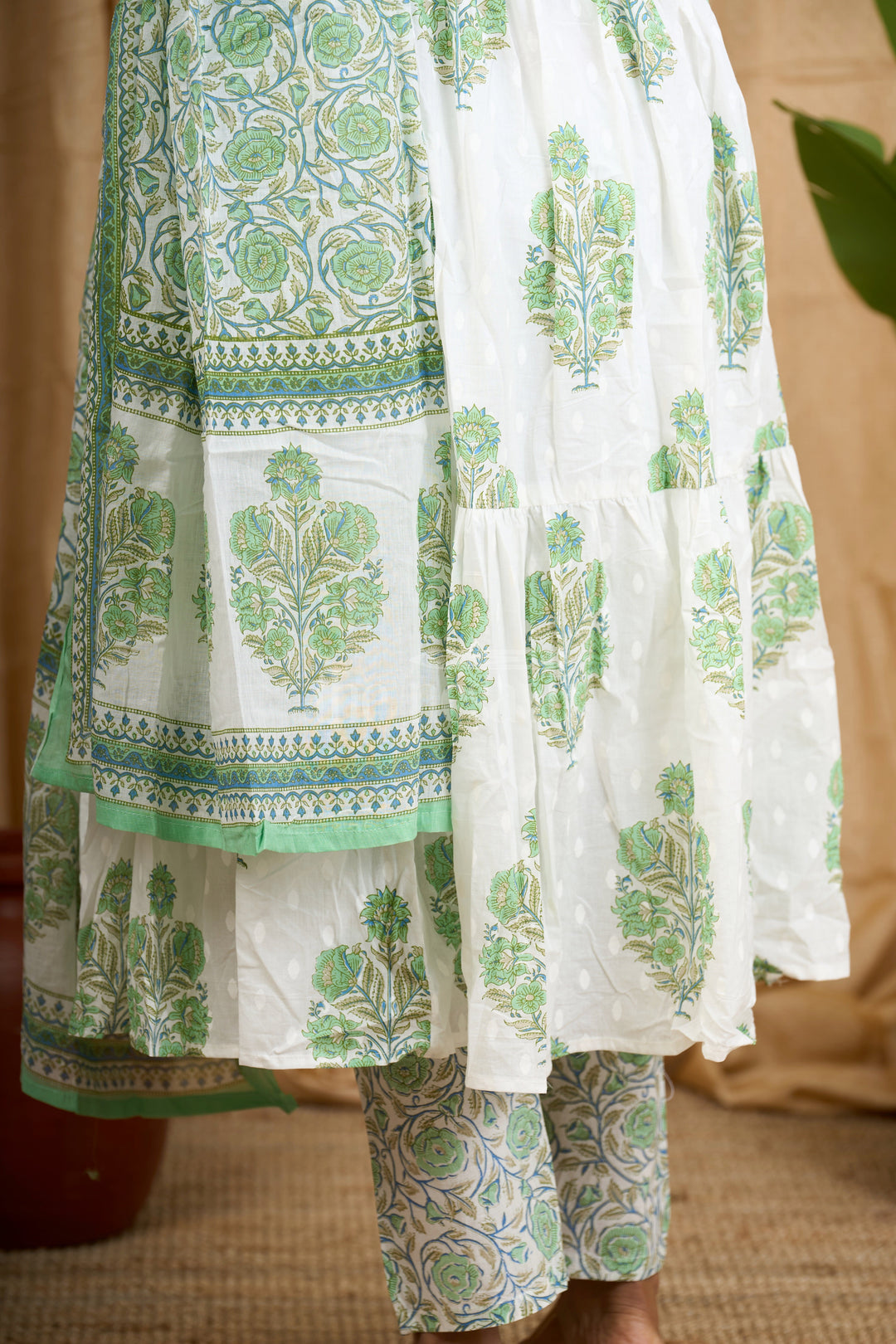 Green Jaipuri Cotton Flared Kurti Set with Elegant Floral Pattern and Matching Dupatta for Women