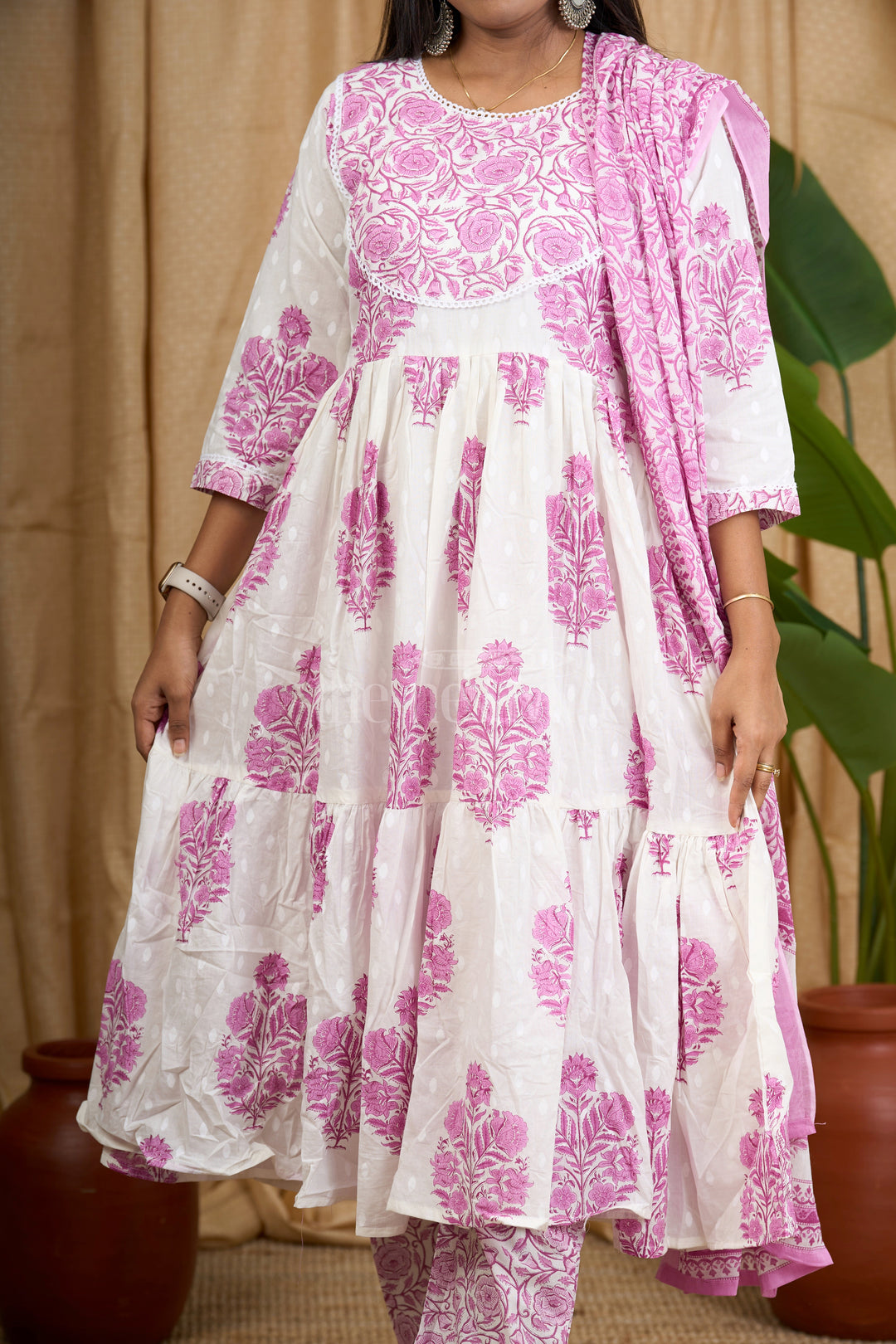 Purple Jaipuri Cotton Flared Kurti Suit Set with Intricate Floral Prints and Matching Bottom for Women