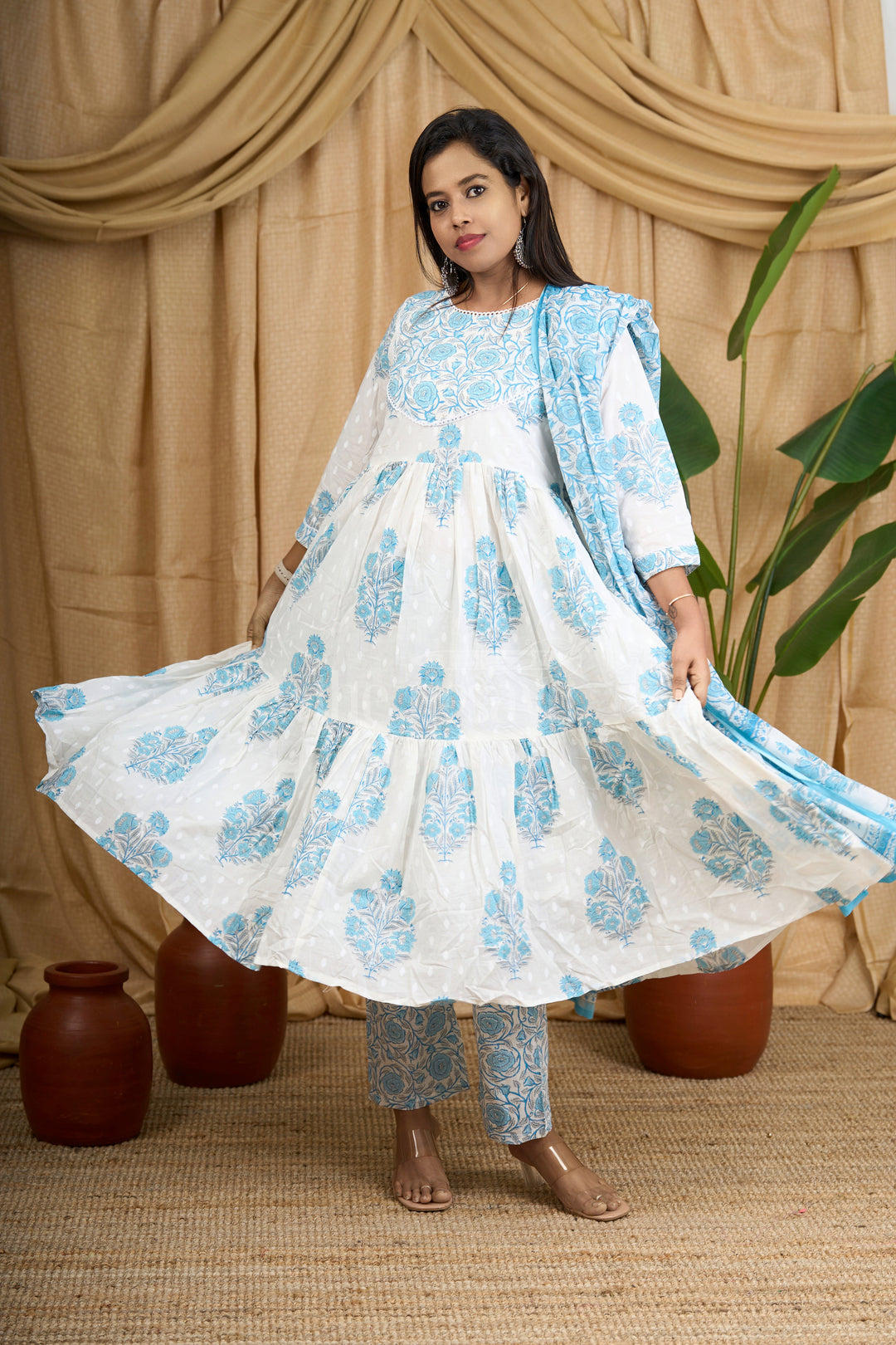 Blue Jaipuri Cotton Flared Kurti Suit Set with Teal Floral Pattern and Coordinated Bottom for Women