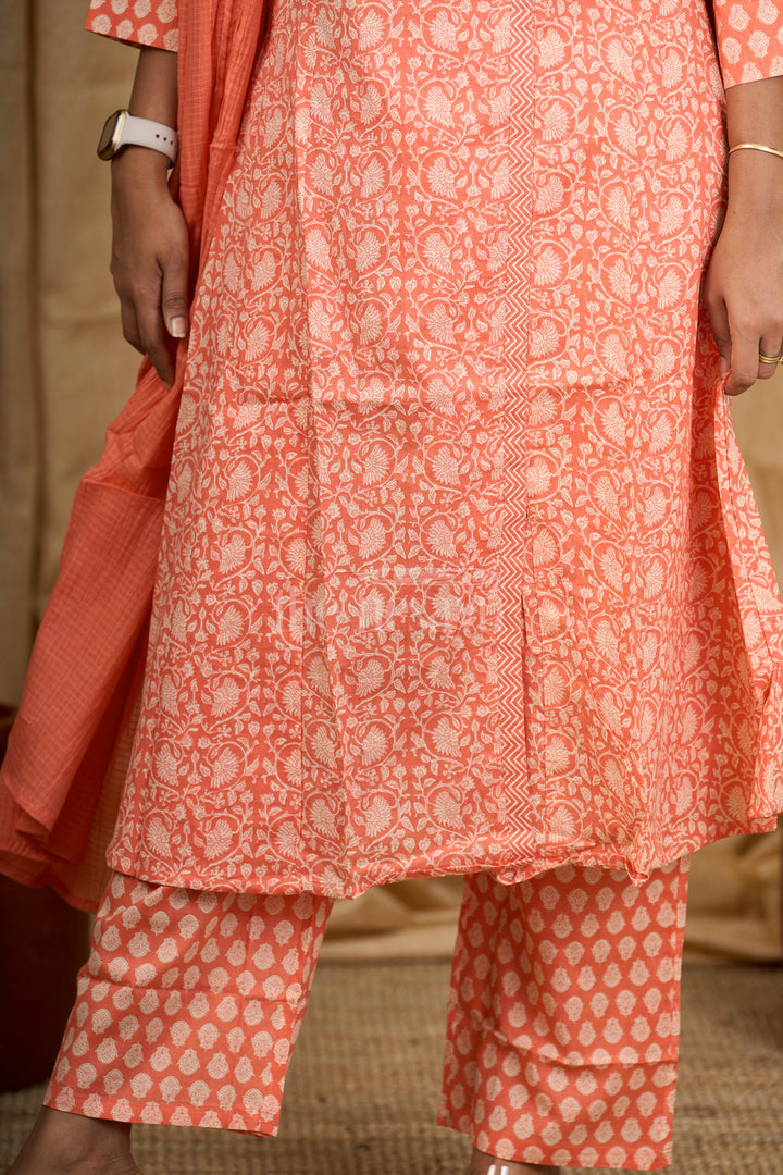 Peach Jaipuri Block Printed Cotton Flared Suit Set with Tassel Detailing on Neckline for Women