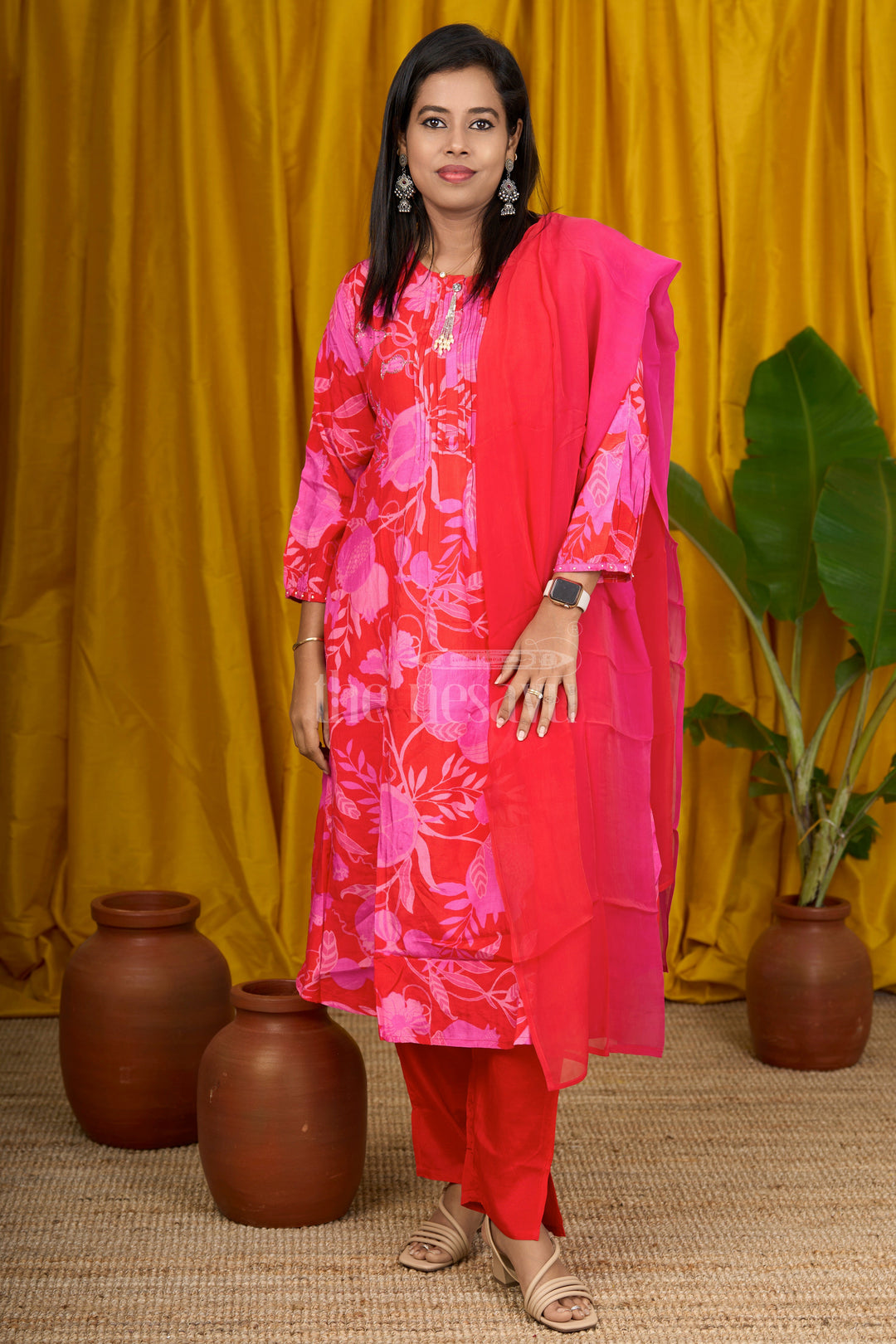 WTH04A Pink Viscose Muslin Silk Flared Suit Set with Sequin Embellished Neckline and Floral Print for Women