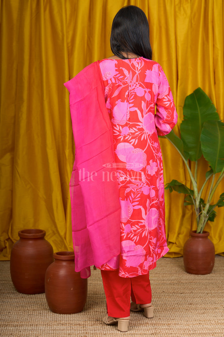 WTH04A Pink Viscose Muslin Silk Flared Suit Set with Sequin Embellished Neckline and Floral Print for Women