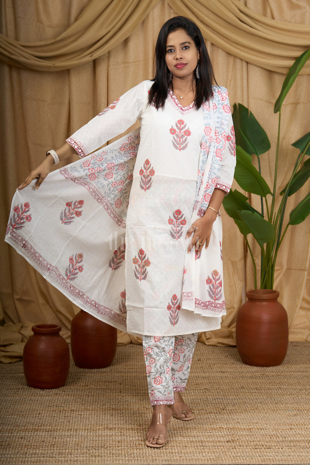 White Jaipuri Block Printed Straight Suit Set for Women with Floral Dupatta